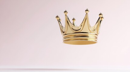 A gleaming golden crown with intricate details floats elegantly against a soft, minimalist pink background.