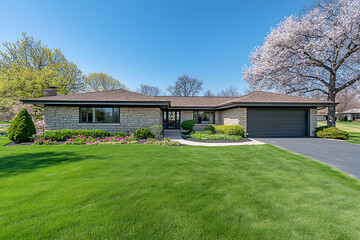 Fototapeta premium Highly detailed photograph of an upscale suburban home with a perfectly manicured lawn, showcasing the house's exterior design and landscaping in the springtime.