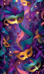 Fototapeta premium Colorful venetian carnival masks with feathers and ribbons floating on a sparkling purple background create a festive and celebratory atmosphere