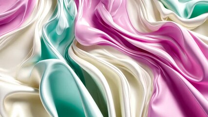 Glossy, swirling fabric in pink, teal, and cream tones, creating smooth, flowing forms and a lustrous surface - Powered by Adobe