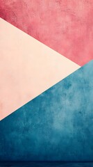 Abstract geometric art featu a triangle formed by textured pink beige and teal blue color blocks on a wall.