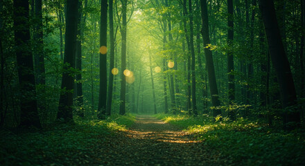 Naklejka premium Sunlight streaming through green forest trees creating magical atmosphere with golden rays. Enchanted woodland. Natural light. Environmental. Peaceful nature sanctuary. Spiritual meditation space