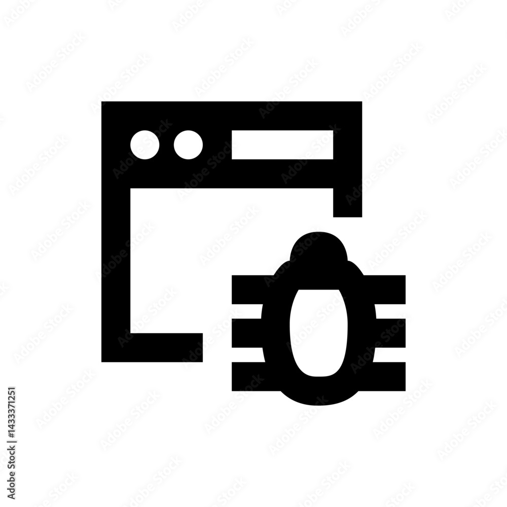 Poster black and white illustration of a computer window with a bug icon in the foreground design element