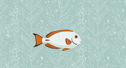Stylized illustration of a surgeonfish on an ocean themed background