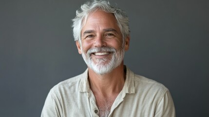 Obraz premium Senior man smiles radiantly, projecting happiness, kindness, expressing joy, hope, inner peace, contentment.