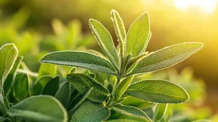 Green leafy plant with water droplets under bright sunlight
