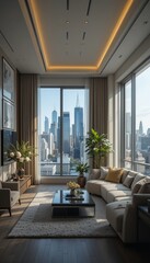 Fototapeta premium Bright apartment with a plush living area, neutral color palette, and large windows overlooking a stunning cityscape.