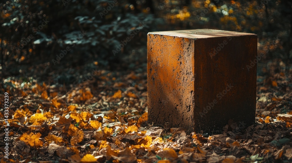 Poster an angular rusty cube sits amidst colorful autumn foliage in nature