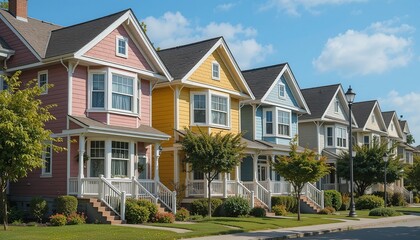 Colorful houses line a street under a blue sky. Suburban homes boast unique colors and charming architectural details in a cozy neighborhood.
