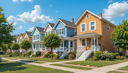 A colorful row of suburban houses gleam under a bright blue sky with fluffy white clouds in a peaceful neighborhood setting.