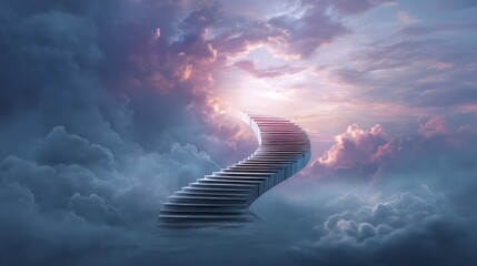 Winding Stairway Rising Into Glowing Clouds and Light With Dreamy Sky for Spiritual, Peaceful, Inspirational, or Afterlife Concepts