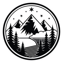 Fototapeta premium Black and White Circular Landscape Design Featuring Mountains, Trees, Stars, and River