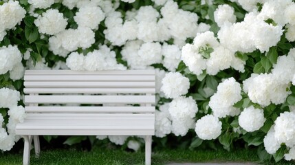 A white wooden bench sits peacefully amidst a vibrant wall of white blooming flowers and green foliage, creating a serene garden scene.