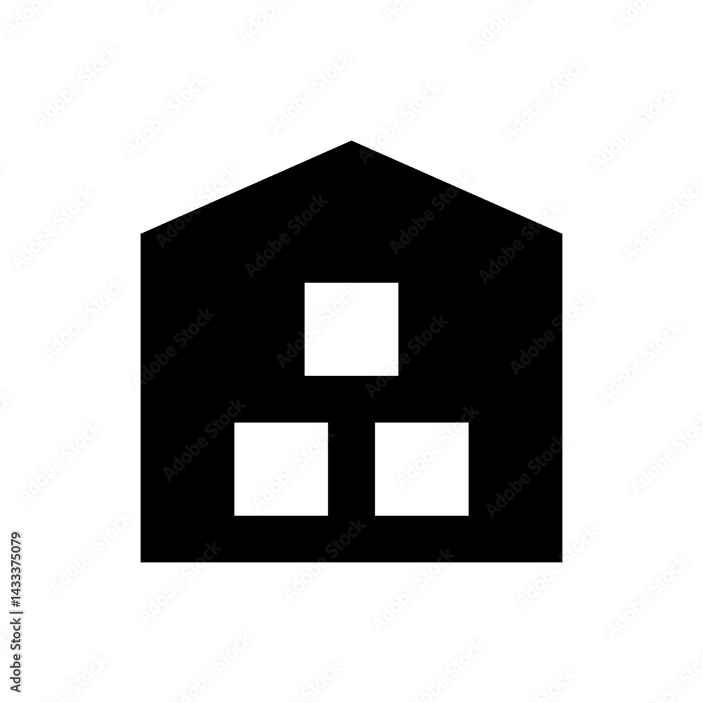 Poster black house shape with a pointed roof and three white square windows arranged in a vertical line sha