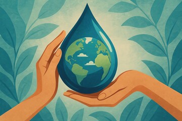 Flat illustration of hands holding a water droplet, symbolizing water conservation and ecological protection. Promoting clean water, sustainability, and environmental awareness for a blue planet.