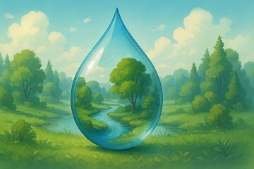 Painterly illustration of a crystal-clear water droplet in a mountain landscape, symbolizing nature preservation, freshwater, and eco-friendly living. Highlighting sustainability and climate awareness