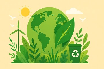 Eco-friendly illustration promoting sustainability, green energy, recycling, and clean environment. Renewable sources like wind turbines and solar panels for a greener, zero waste planet.