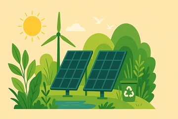 Flat illustration of solar panels and wind turbines symbolizing green, renewable energy. Eco-friendly landscape promoting sustainability, clean power, climate action, and a greener future.