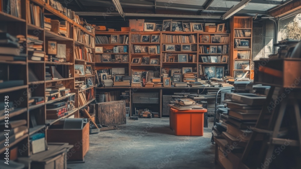 Poster a cluttered room filled with bookshelves and various stored items