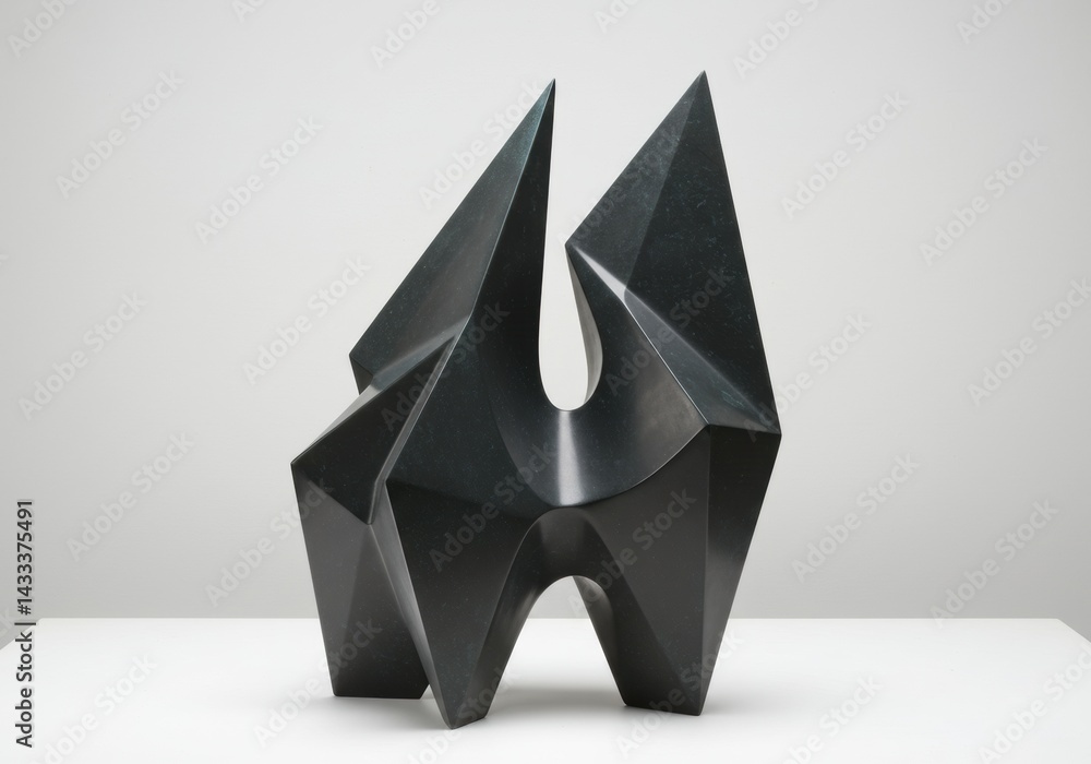Fototapete abstract dark sculpture with sharp angles and curved voids on a light background, conveying a sense 