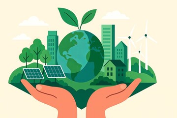 Flat design of hands holding a sustainable eco city with solar panels, wind turbines, and green buildings. Promoting renewable energy, urban nature, climate action, and a clean, green planet.