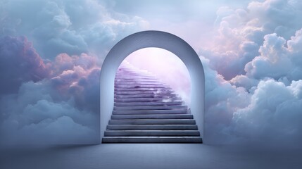 Stairway Through an Archway Leading Into Glowing Clouds and Light With Ethereal Sky for Spiritual, Inspirational, or Afterlife Concepts
