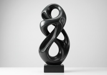 Abstract dark sculpture with smooth, flowing curves and interconnected loops on a base against a light background, conveying organic form.