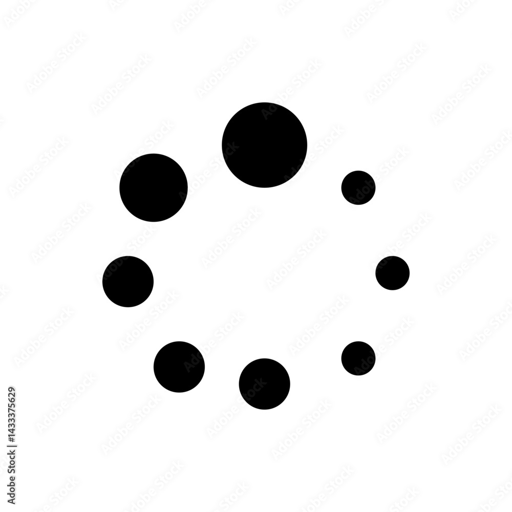 Poster circular arrangement of black filled circles of varying sizes on a white background forming a patter