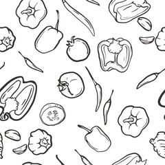 Vector seamless pattern with vegetables on white background. Line drawn fresh healthy vegetables isolated from background. Suitable for printing