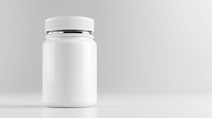 A pristine white plastic bottle with a screw-on cap stands upright on a reflective surface against a clean, minimalist background, ideal for supplements or medication.
