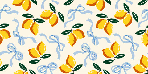 Seamless lemon pattern with flowing blue ribbons and bright citrus fruits. Hand-drawn repeat design perfect for fabric, packaging, stationery, summer decor, or cheerful kitchen prints