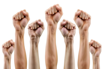 Multiple raised fists symbolizing unity and strength in a peaceful protest during daylight against social injustice