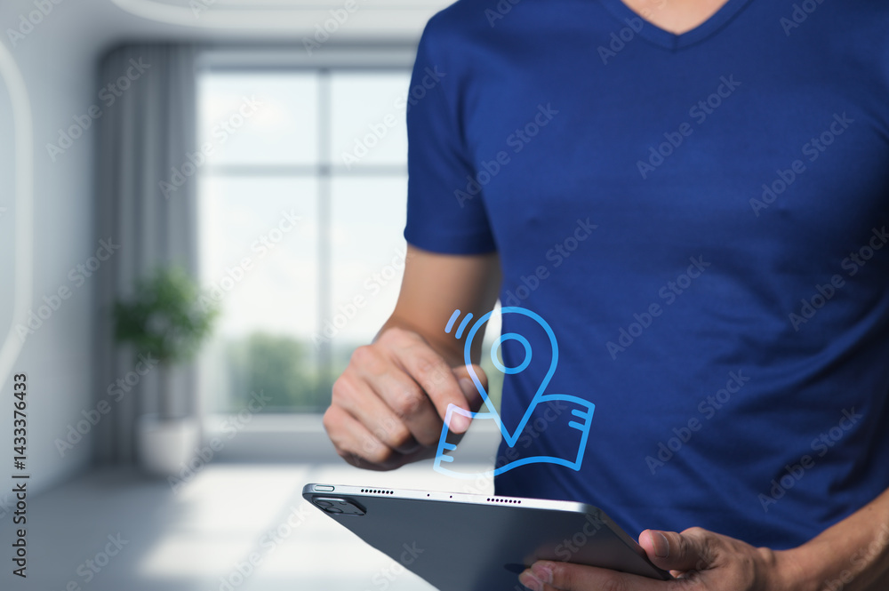 Poster person using tablet with location pin icon in modern room setting
