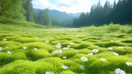 A serene and vibrant spring landscape featuring a field of undulating green moss and white daisy-like flowers, bordered by a lush forest and distant mountains under a bright sky.