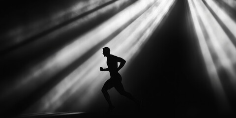 Dynamic silhouette of a runner in an illuminated space during early morning hours