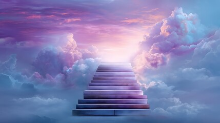 Stairway Leading Into Glowing Light and Clouds With Dreamy Purple and Pink Sky for Spiritual, Inspirational, or Afterlife Concepts
