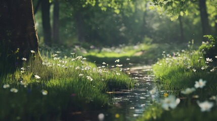 Sunlight streams through forest wildflowers bloom by stream