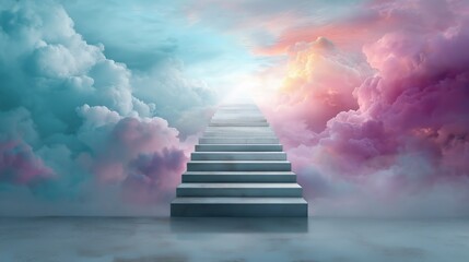 Stairway Rising From the Mist Into Glowing Light and Colorful Clouds With Dreamlike Sky for Spiritual, Inspirational, or Conceptual Themes