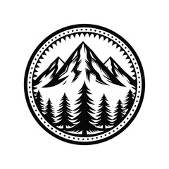 Mountain Peaks & Pine Trees Silhouette Framed Within a Decorative Circle Design