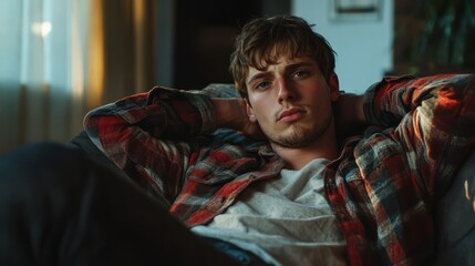 Fototapeta premium Caucasian man, twenties relaxing in armchair, hands behind head, wearing flannel shirt and t-shirt.