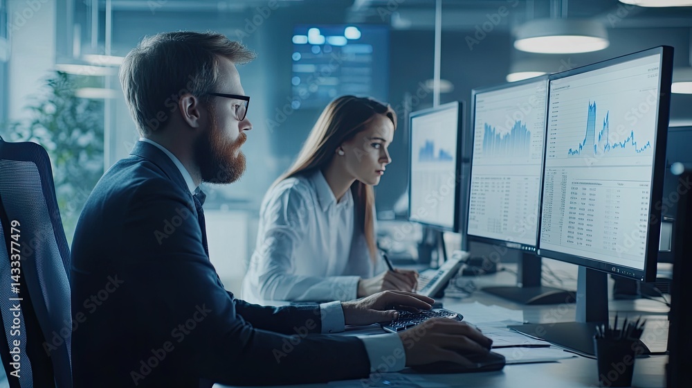 Poster business analysts interpret financial data and trends on multiple computer screens
