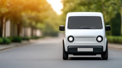Fototapeta premium Compact Electric Car Driving Through a Green Residential Area with Trees and Sunlight Enhancing a Sustainable Future