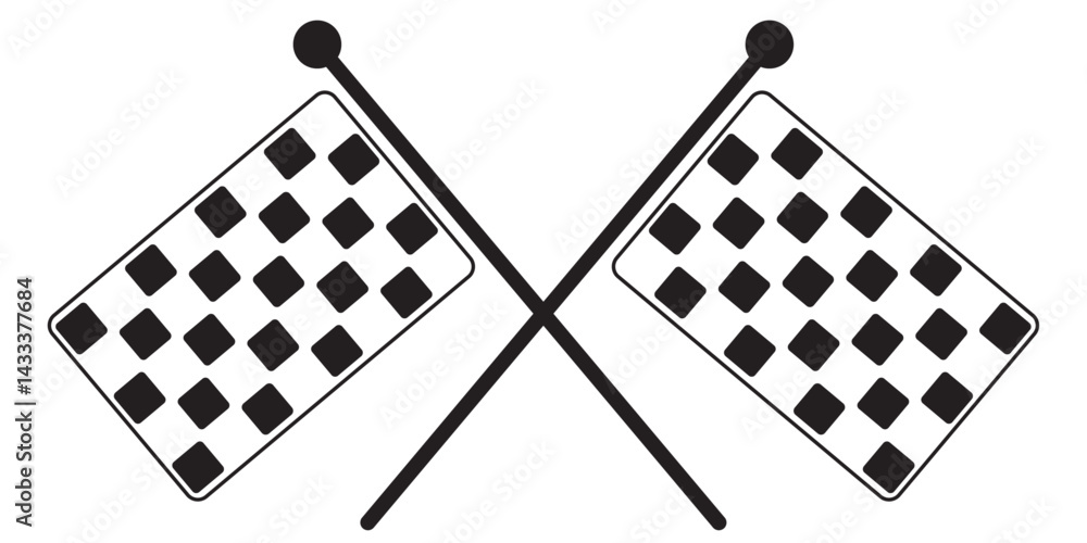 Poster Image depicts two black and white checkered racing flags crossed over each other. The flags are rectangular with a black checkered pattern on a white background. Racing flags, vector.
