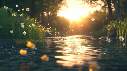 A serene forest stream at sunset with golden light reflecting on the water and small flowers floating.