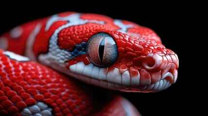 Fototapeta premium Close-up of a vibrant red snake with white and blue patterns. Intensely focused on the eye and head, displaying intricate scales