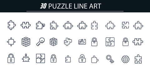 Collection of Puzzle, Key, and Lock Icons for Digital Security and Problem-Solving Themes