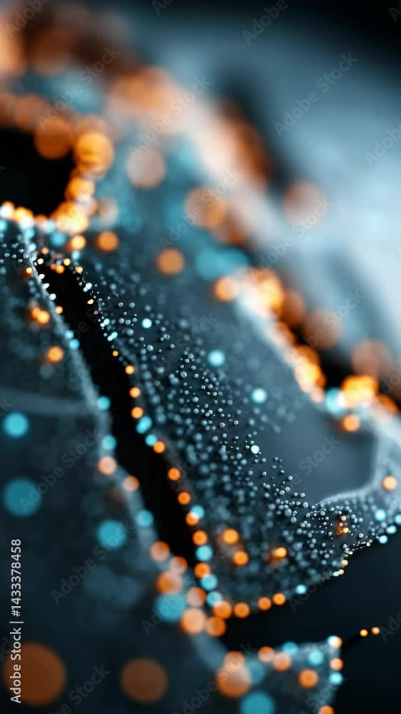 Poster abstract rendering shows flowing orange and blue particles on a dark wavy surface creating a technol