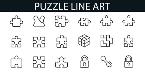 Puzzle and Lock Icon Set for Problem Solving, Security, and Digital Solutions – Editable Graphics