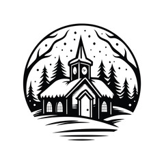 Monochrome Building with Tall Spire in Forest Surrounded by Snowfall Silhouette