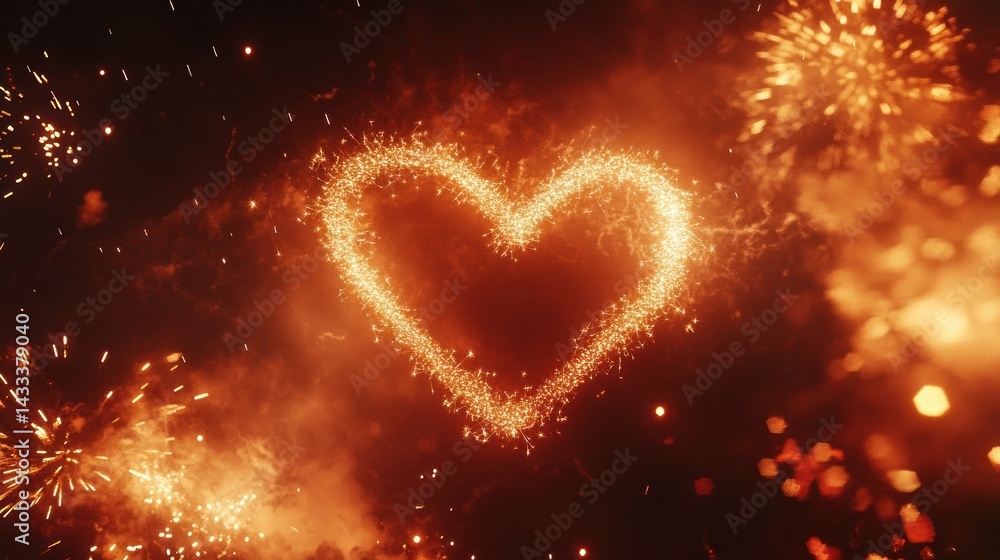 Poster sparkling fireworks creating a glowing heart shape in the sky